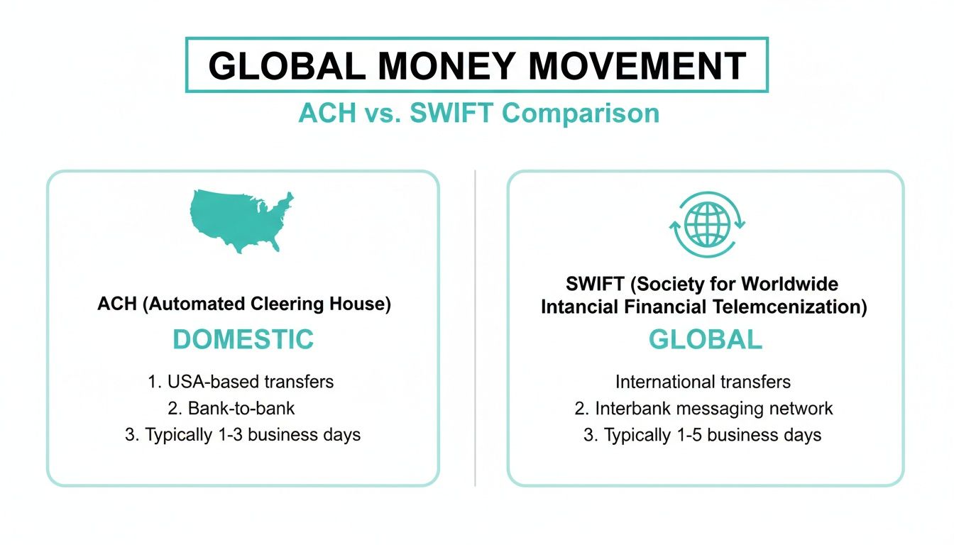 A comparison chart explaining ACH (domestic) and SWIFT (global) money transfer systems and their characteristics.