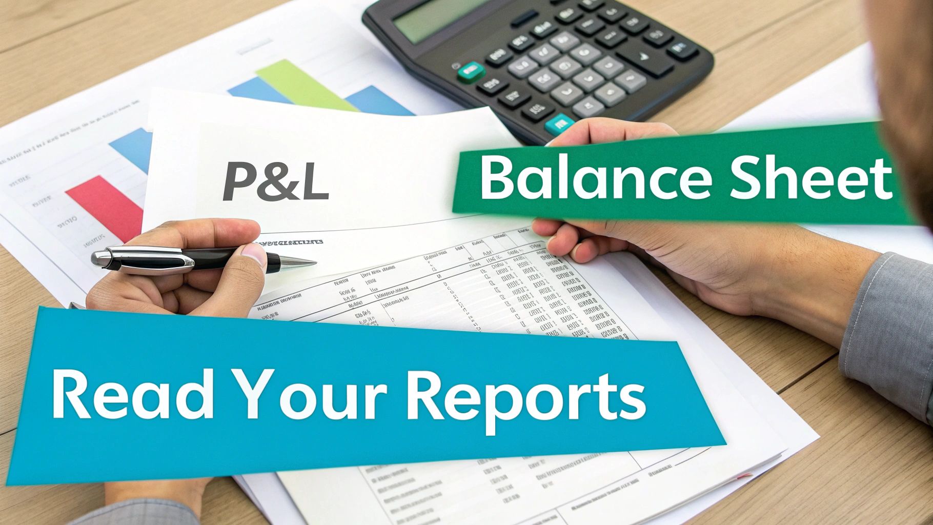 Hands holding P&L and Balance Sheet reports with a calculator, emphasizing reading financial statements for business.