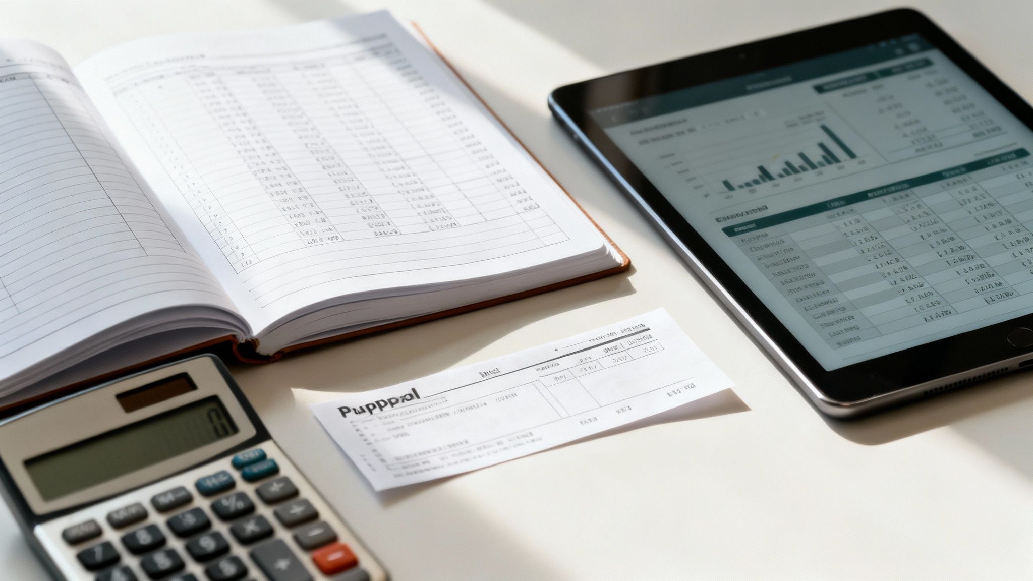 A calculator, open notebook, receipt, and tablet displaying charts and tables on a white desk.
