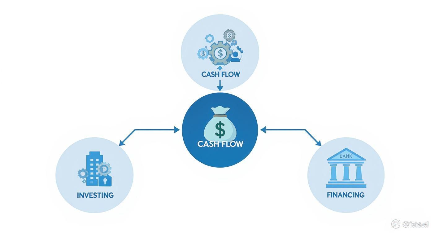 Diagram illustrating the three main components of a cash flow statement: operations, investing, and financing.