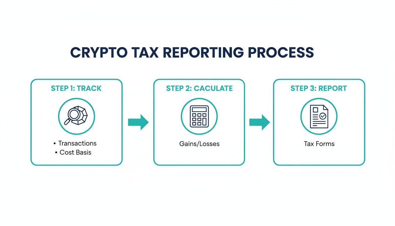 A flowchart illustrating the three-step crypto tax reporting process: track, calculate, and report.