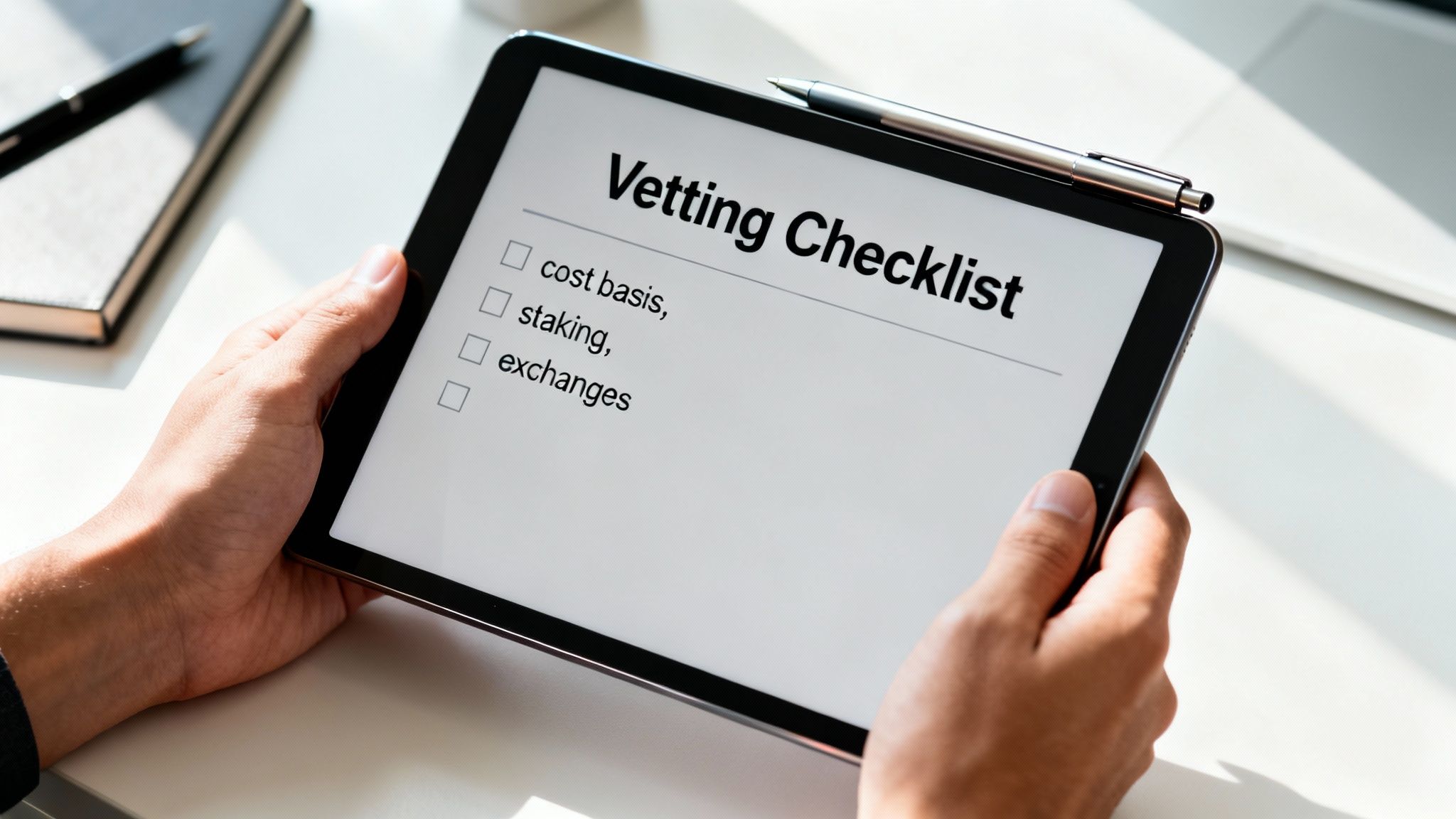A person holds a tablet displaying a 'Vetting Checklist' with crypto-related items like cost basis and staking.