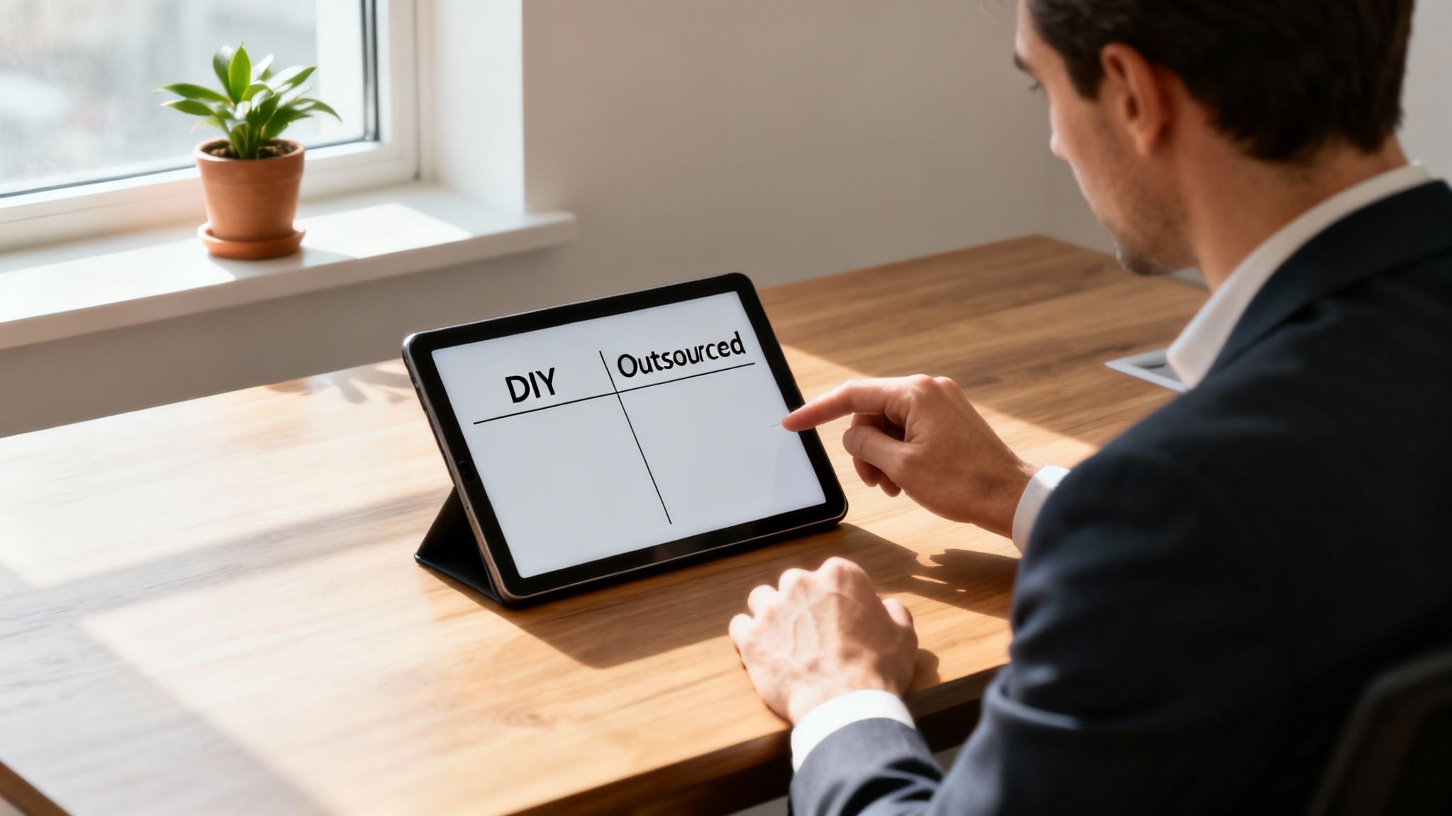A man in a suit is pointing at a tablet screen displaying 'DIY' and 'Outsourced' options on a wooden desk.