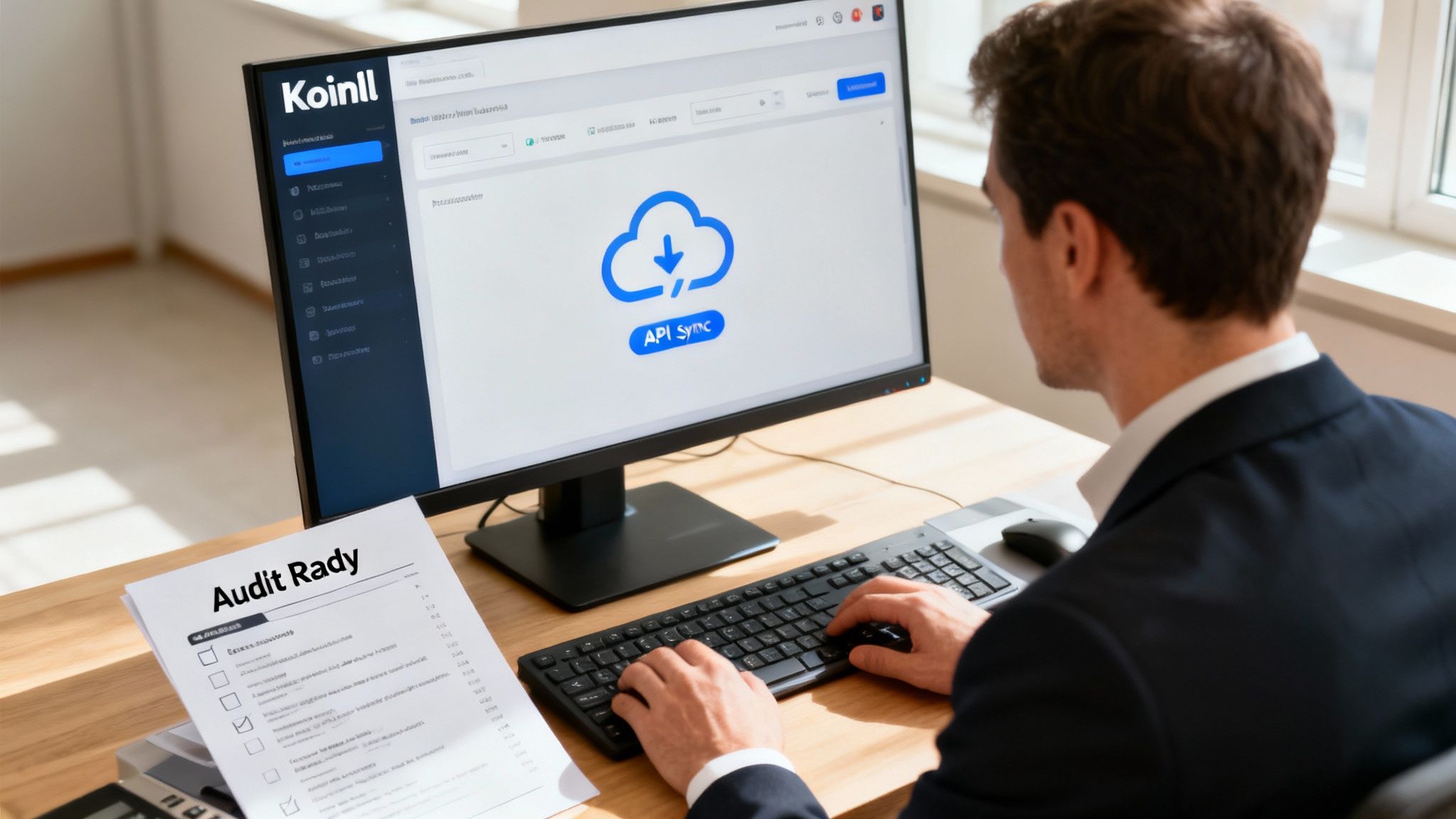 A man in a suit works on a computer displaying Koinll software with an API Sync cloud icon and an audit document.
