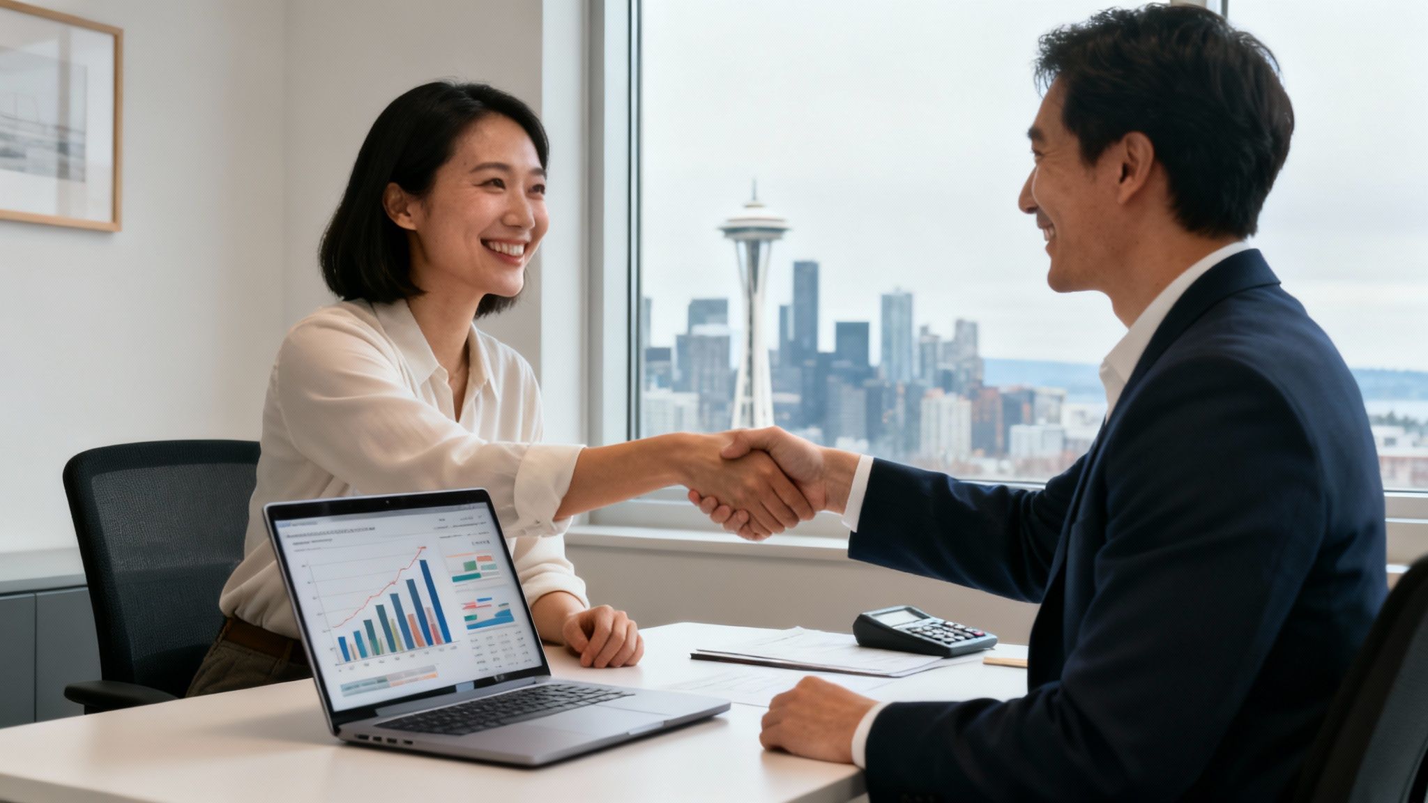 Two smiling business professionals shake hands across a desk with a laptop, overlooking a city skyline.
