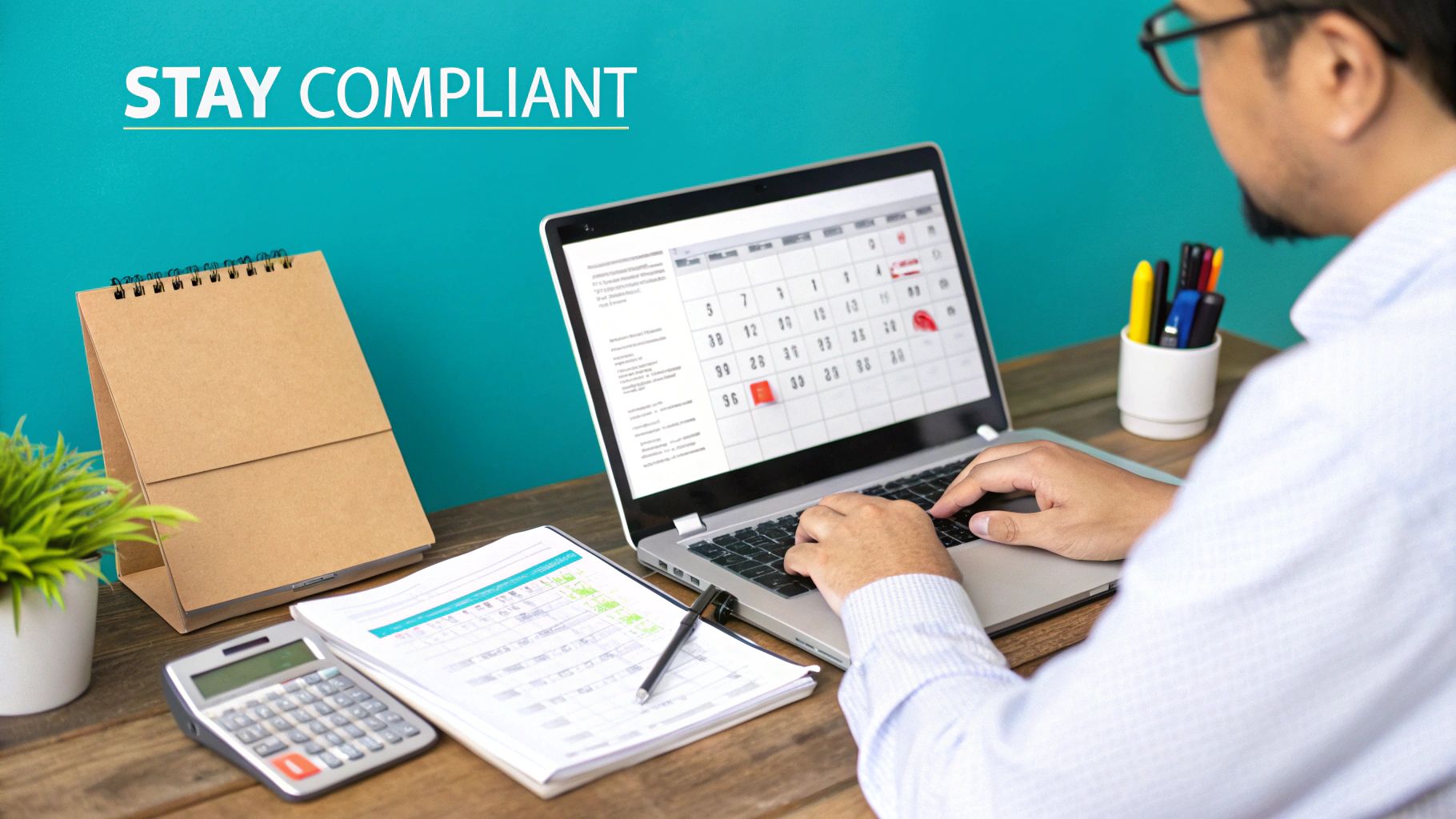 A person working on a laptop with a calendar display, papers, and a calculator on a wooden desk.