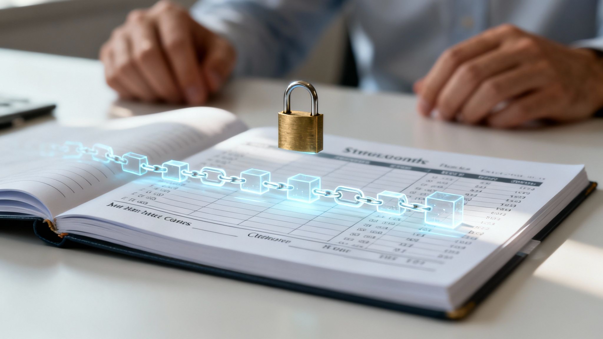 An open accounting ledger with a padlock and a digital blockchain chain, symbolizing secure financial data.