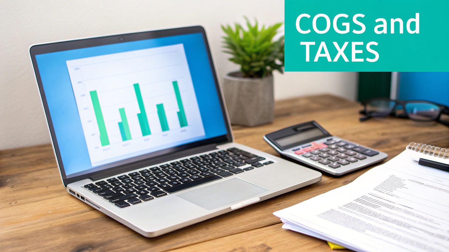 A laptop displaying a bar graph, calculator, documents, and a plant on a desk, with text 'COGS and TAXES'.