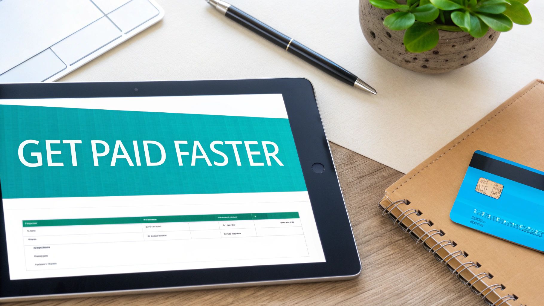 A tablet displaying 'GET PAID FASTER' on a desk with a credit card, pen, and notebook.