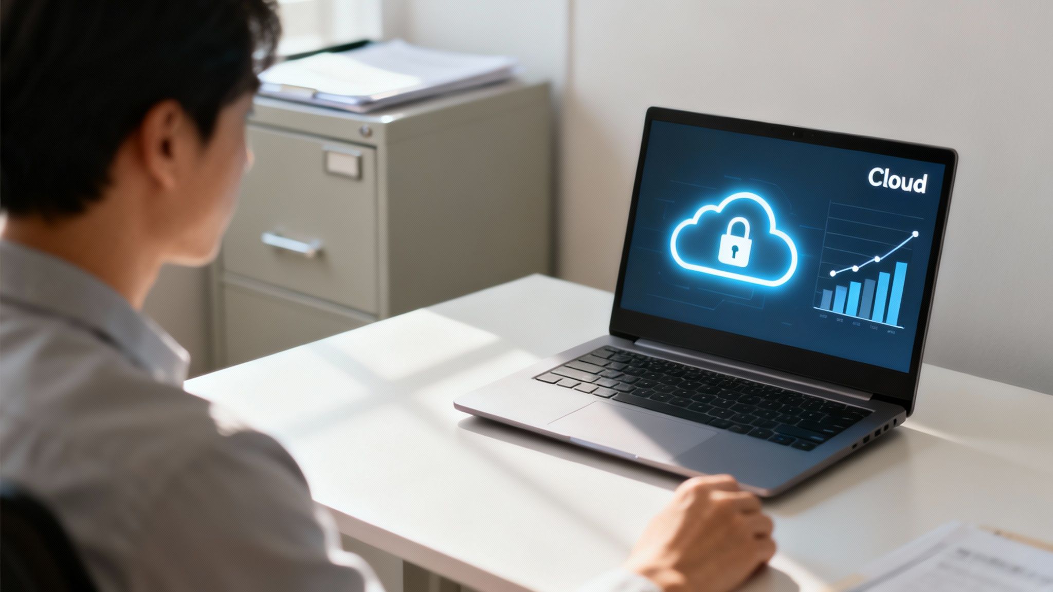 A person views a laptop showing cloud computing graphics, including a secure cloud and growth chart.