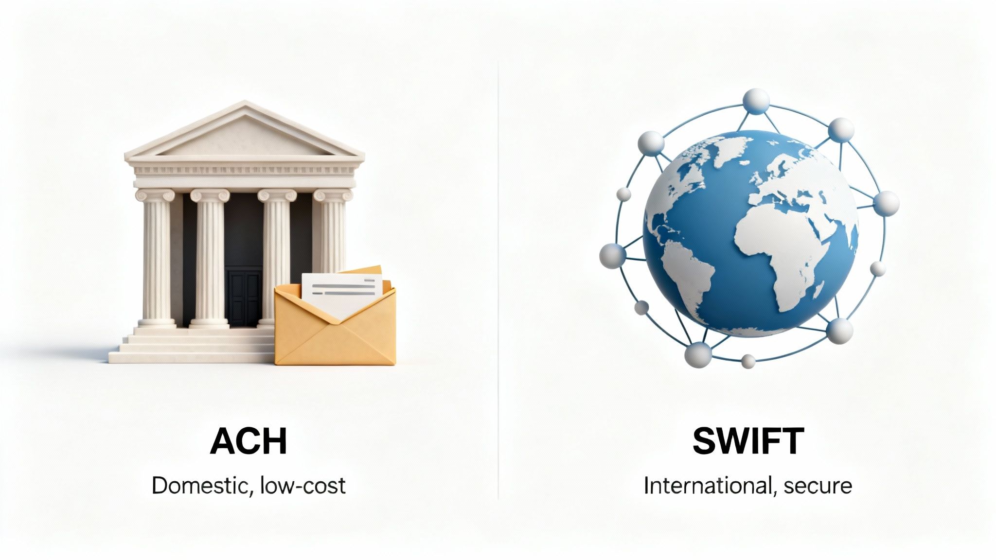 An illustration comparing ACH and SWIFT payment systems, highlighting their domestic and international applications.