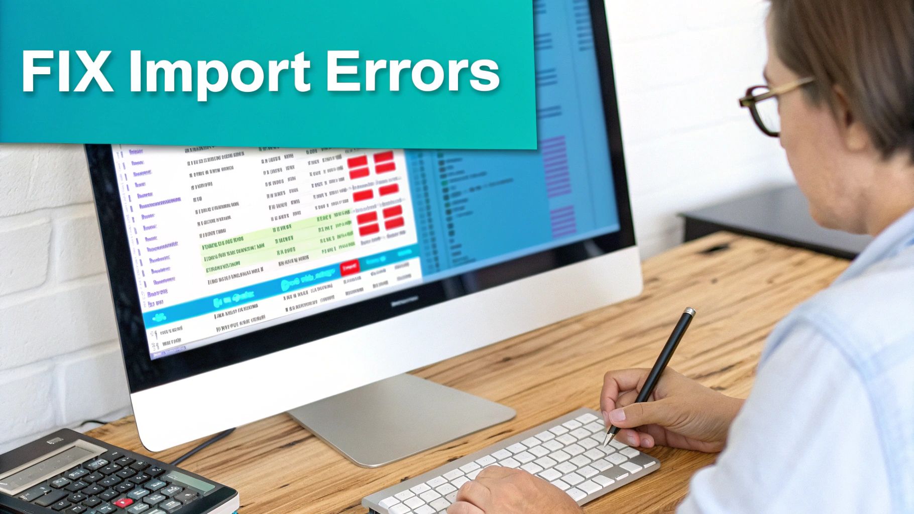A person works on a computer screen displaying 'FIX Import Errors' and data entry fields.