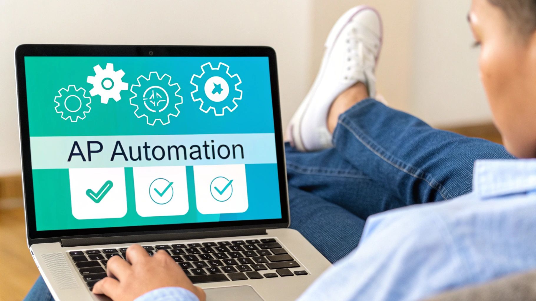 Person using a laptop displaying 'AP Automation' with gears and checkmarks, symbolizing efficient processes.