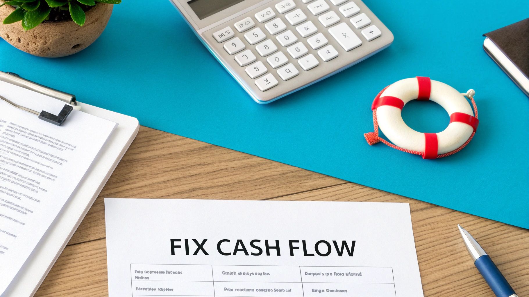 Overhead view of a desk with a document titled 'FIX CASH FLOW', a calculator, and a lifebuoy.