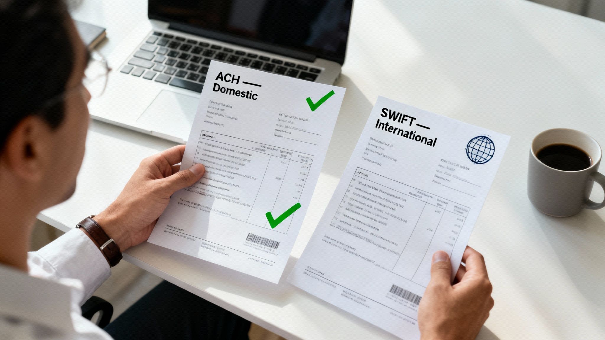 A person holds two payment documents: 'ACH - Domestic' and 'SWIFT - International', on a desk.