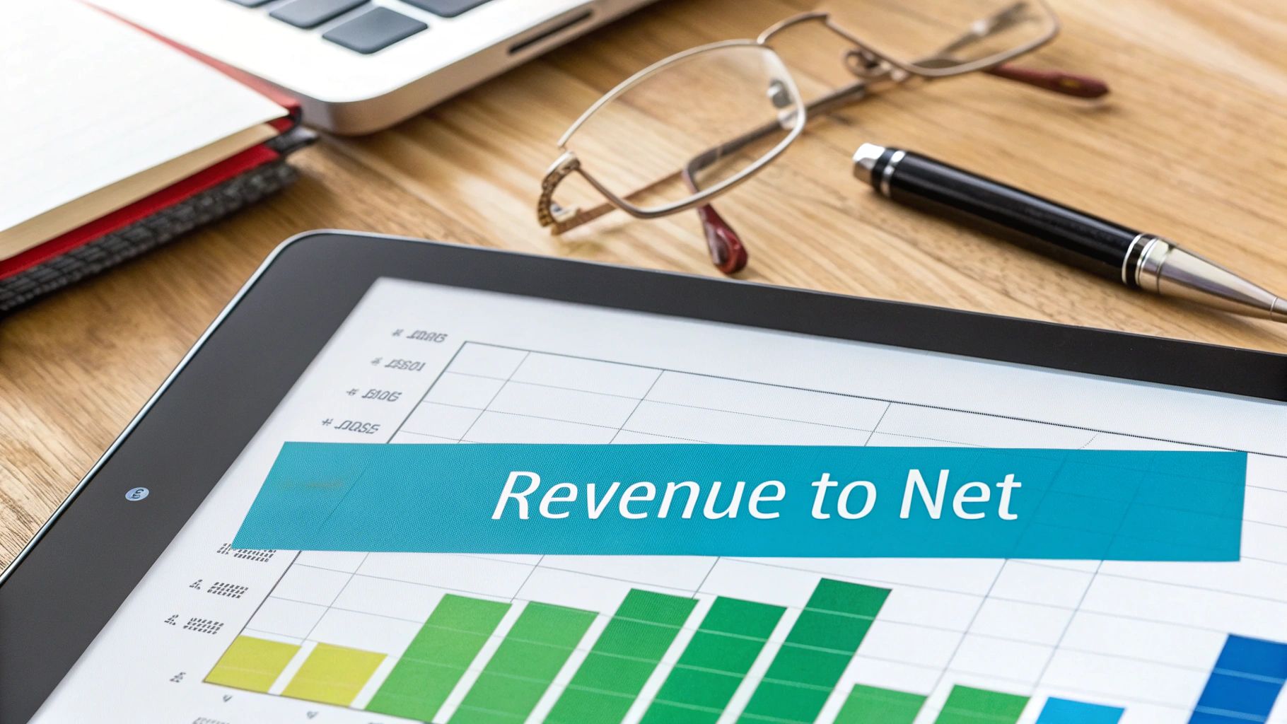Tablet displaying a financial bar chart and 'Revenue to Net' text, on a desk with a laptop, glasses, and pen.