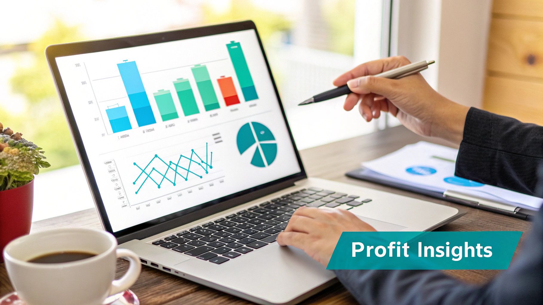 A person reviews profit insights and financial data on a laptop, with a pen and coffee on the desk.