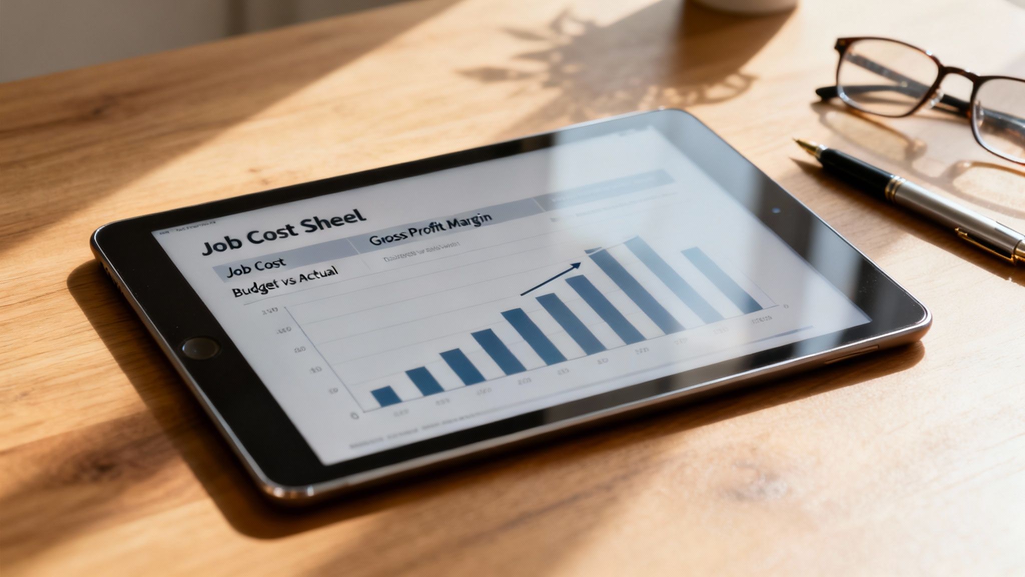Tablet displaying a 'Job Cost Sheet' and 'Gross Profit Margin' chart on a wooden desk.