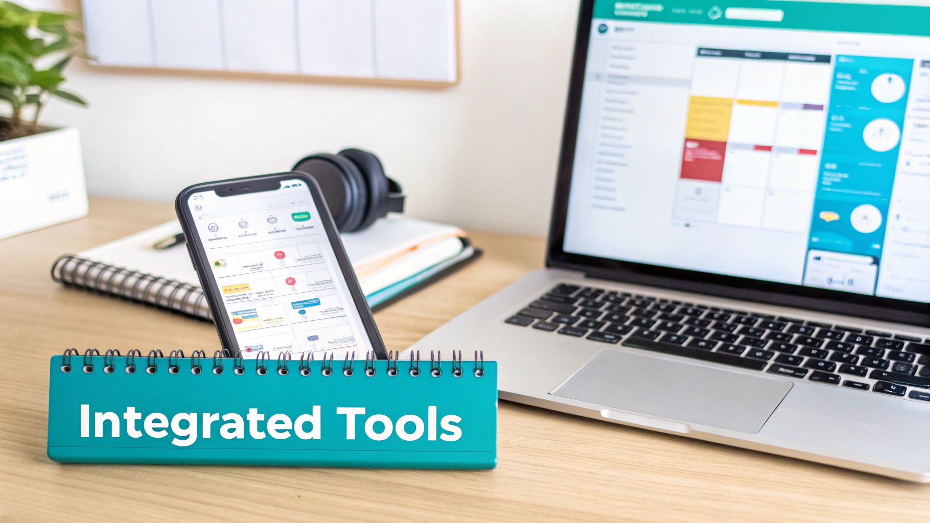 A desk with a laptop, smartphone, headphones, and a binder labeled 'Integrated Tools', highlighting digital integration.