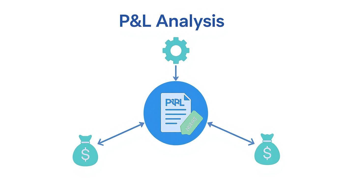 A visual diagram of P&L Analysis, featuring a P&L document, process gear, and money bags.