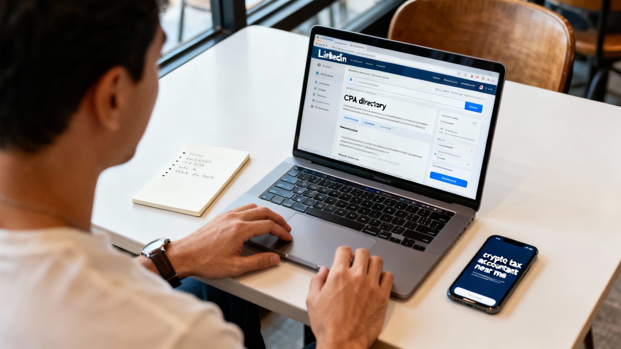 A person searches online for a crypto tax accountant near them using a laptop and phone, with a notebook on the table.