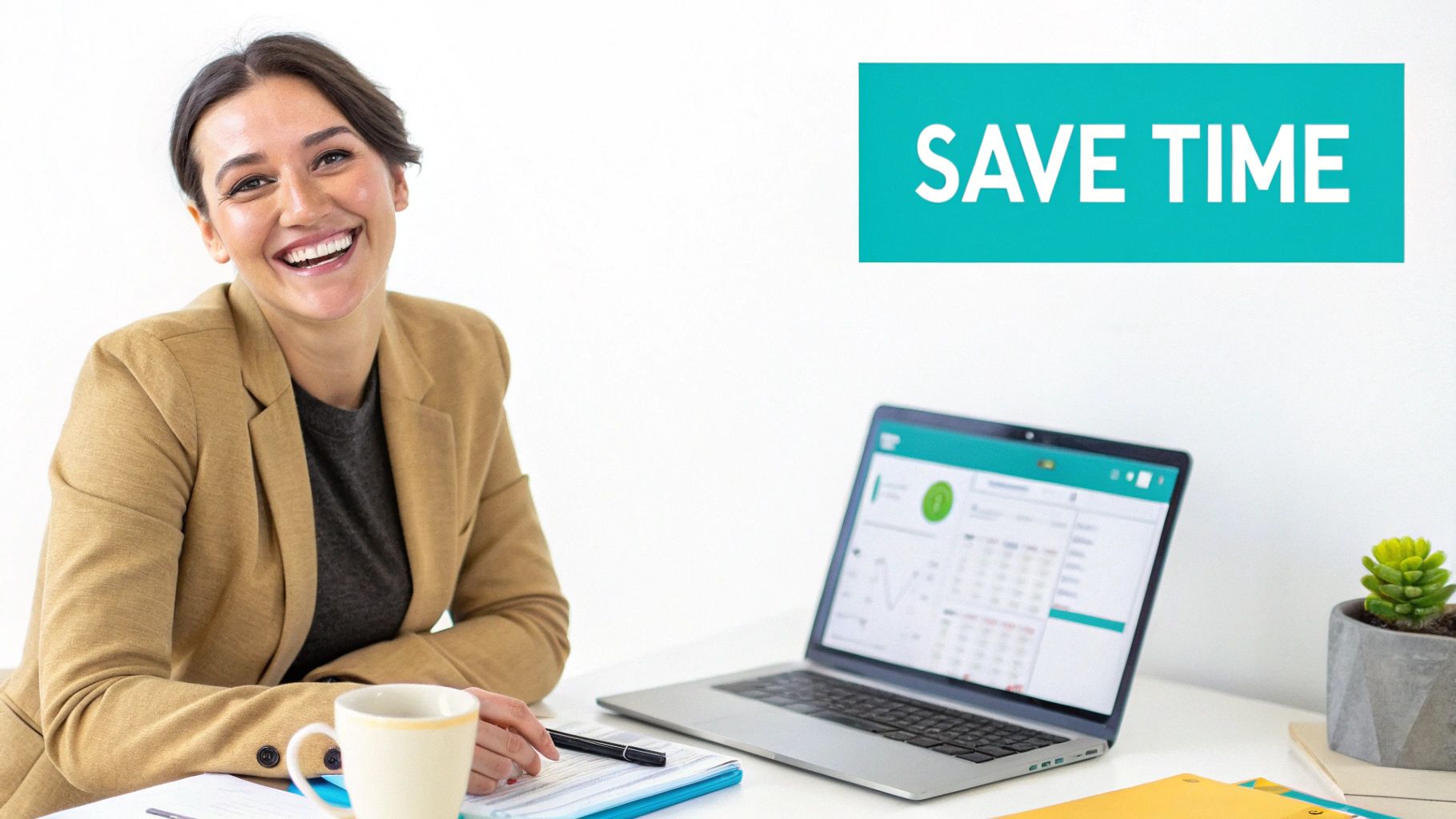 A smiling businesswoman at her desk with a laptop, promoting 'SAVE TIME' with efficient work.