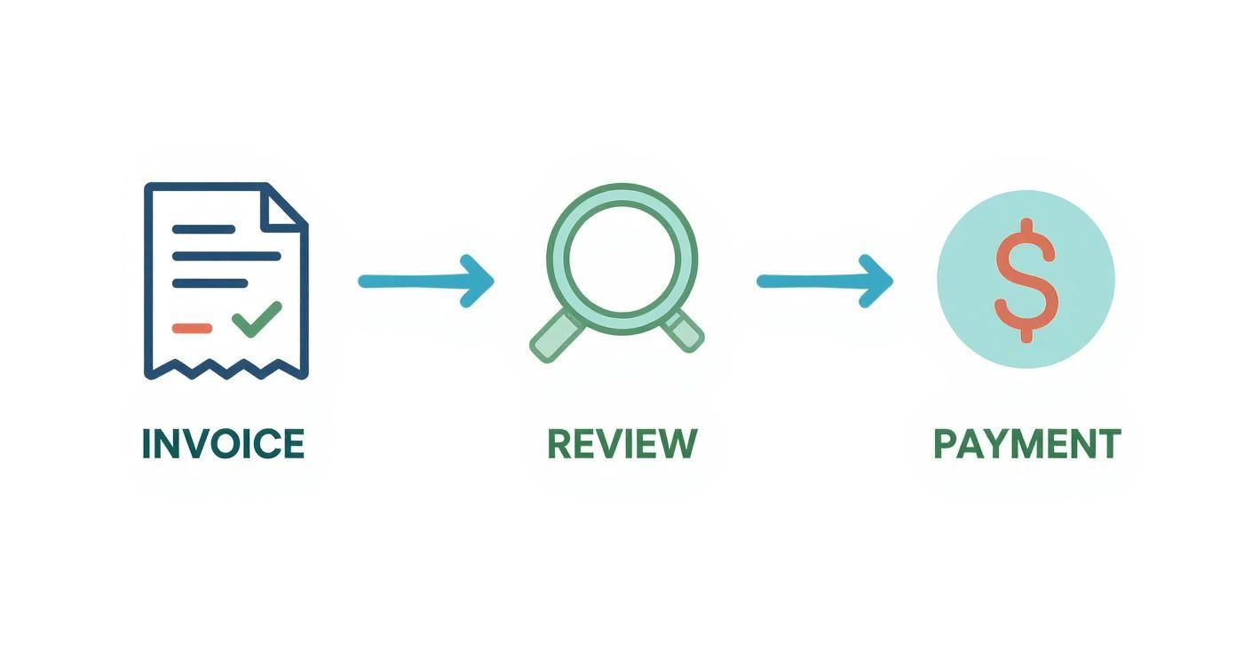 A visual flowchart showing the accounts payable process: Invoice, Review, and Payment steps.