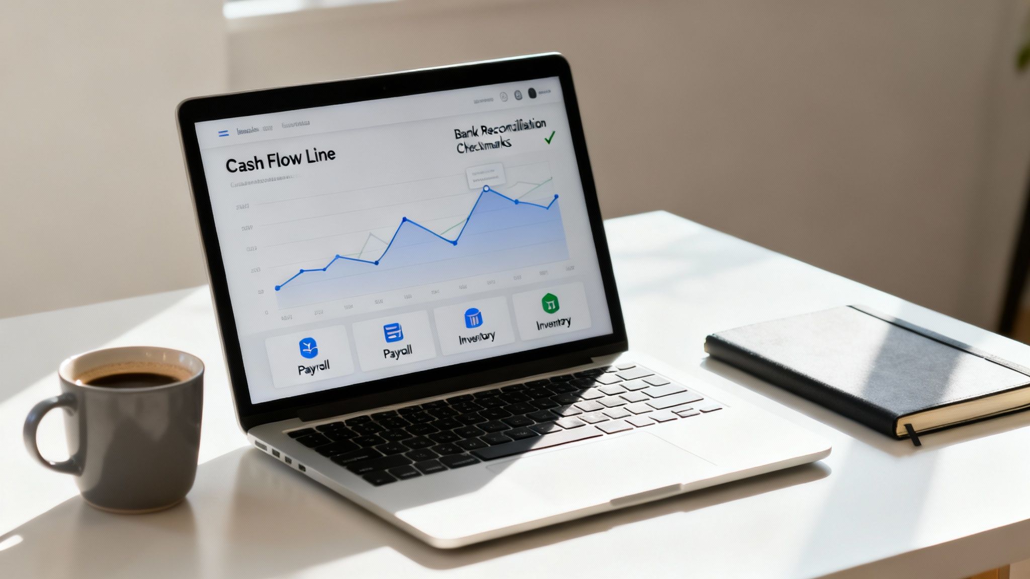 A laptop on a white desk displays a financial dashboard with a cash flow chart and business icons.