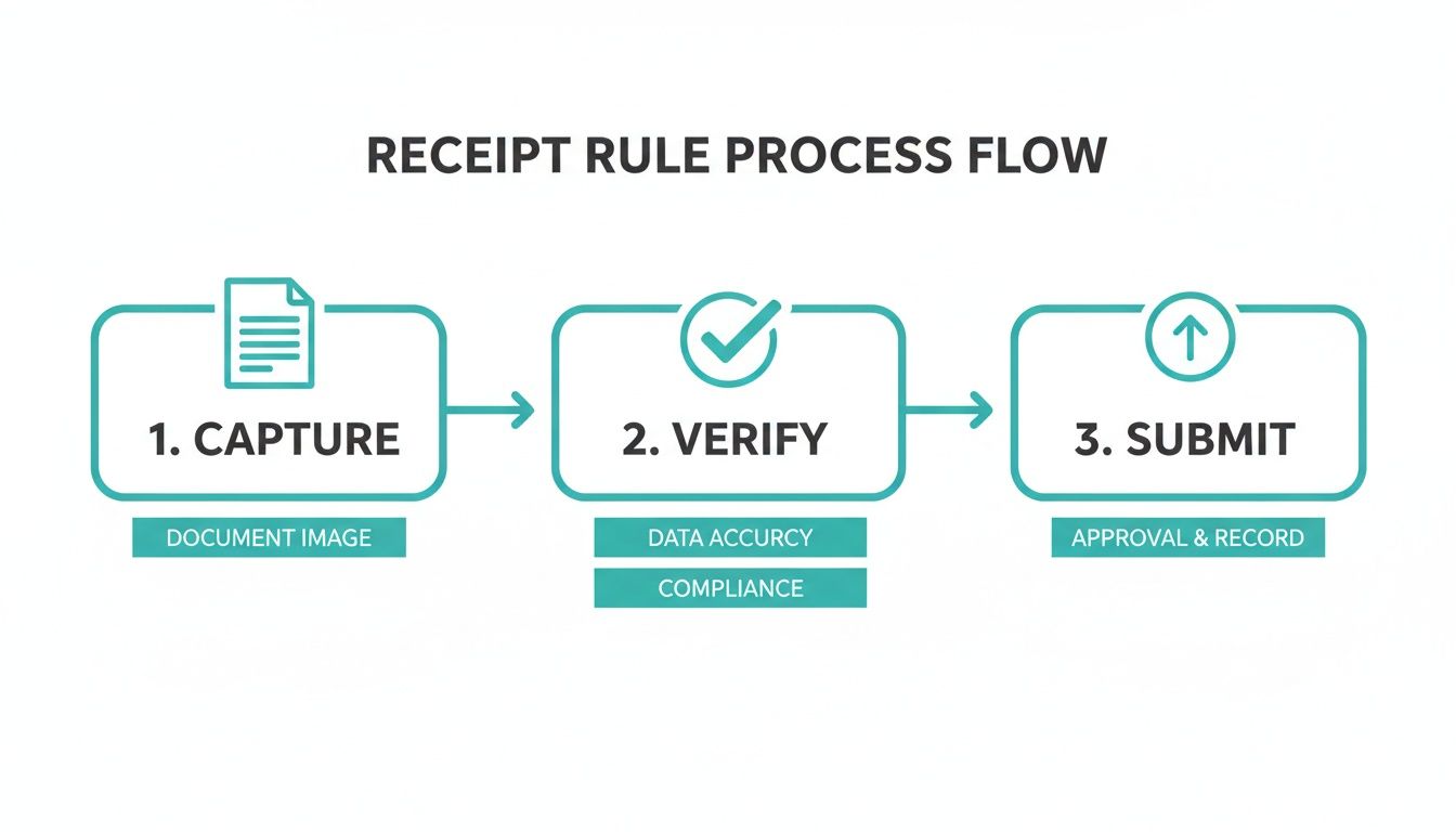 A three-step process flow diagram for receipt rules: capture, verify, and submit.