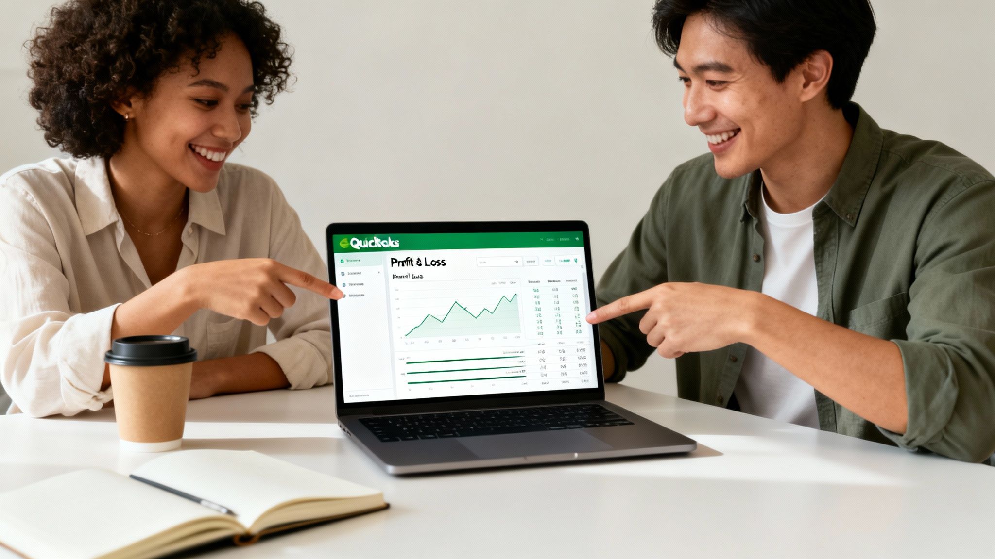 Happy diverse colleagues analyzing a QuickRaks Profit & Loss statement on a laptop.