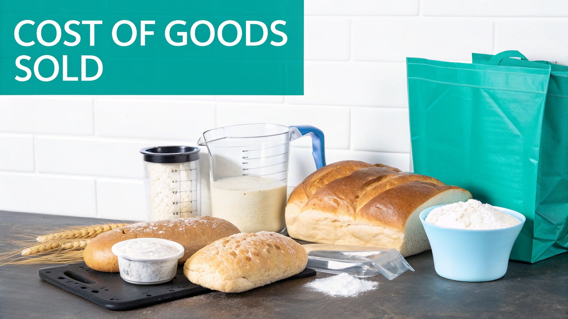Text 'COST OF GOODS SOLD' above bread, flour, and baking ingredients on a kitchen counter.