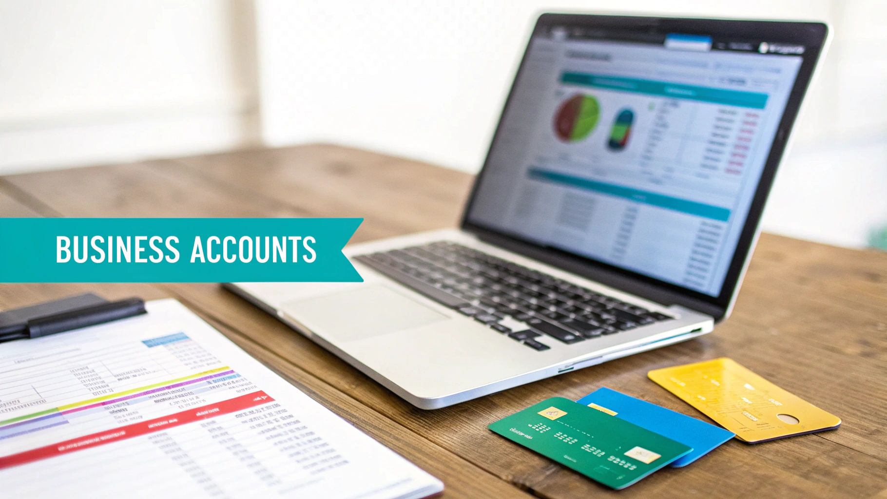 A laptop showing financial data, documents, and credit cards on a desk for business accounts.