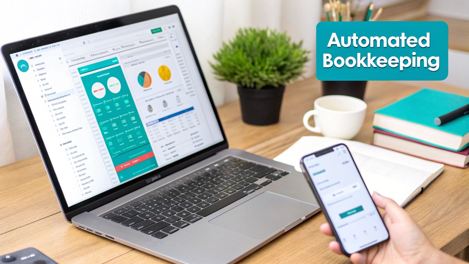 A person uses a laptop and smartphone on a desk, highlighting automated bookkeeping software and tools.