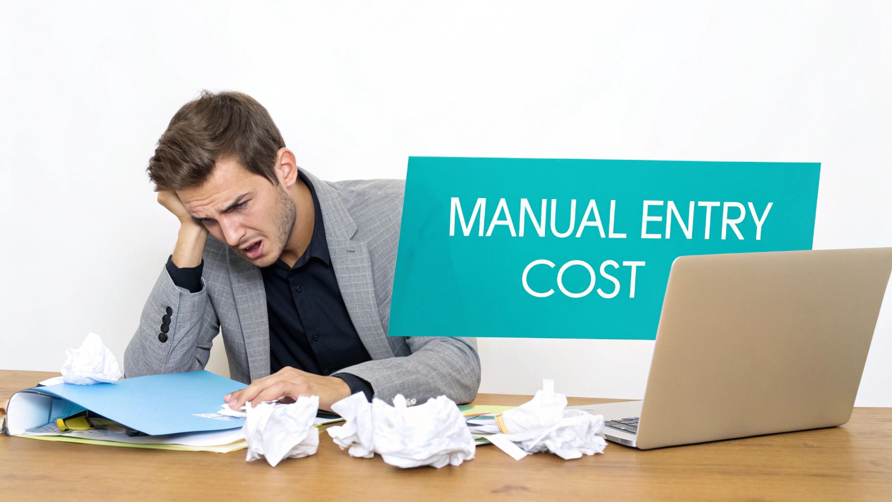 A stressed man at a desk with crumpled papers and a laptop, facing a 'MANUAL ENTRY COST' sign.