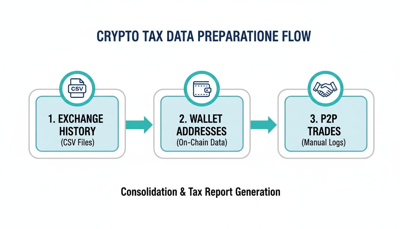 Flowchart illustrating the crypto tax data preparation process, including exchange history, wallet addresses, and P2P trades.