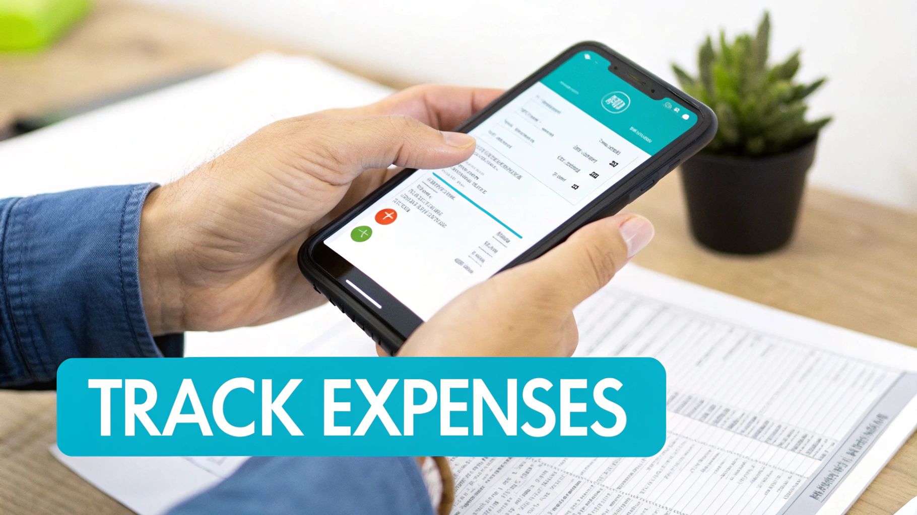 A person holds a smartphone displaying an expense tracking app, with financial papers on a desk.