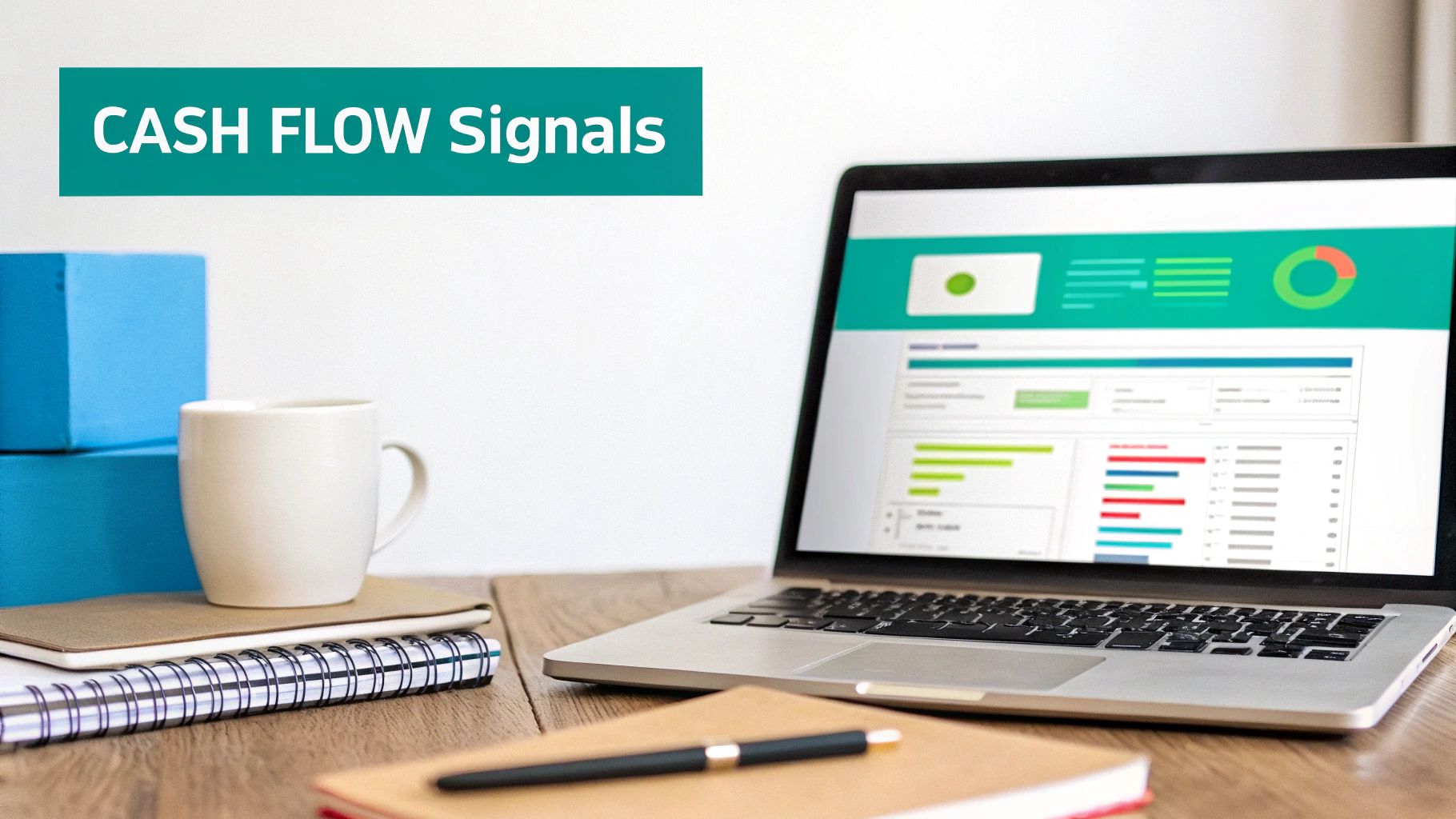 Laptop displaying financial dashboards and cash flow signals on a desk with notebooks and a coffee mug.