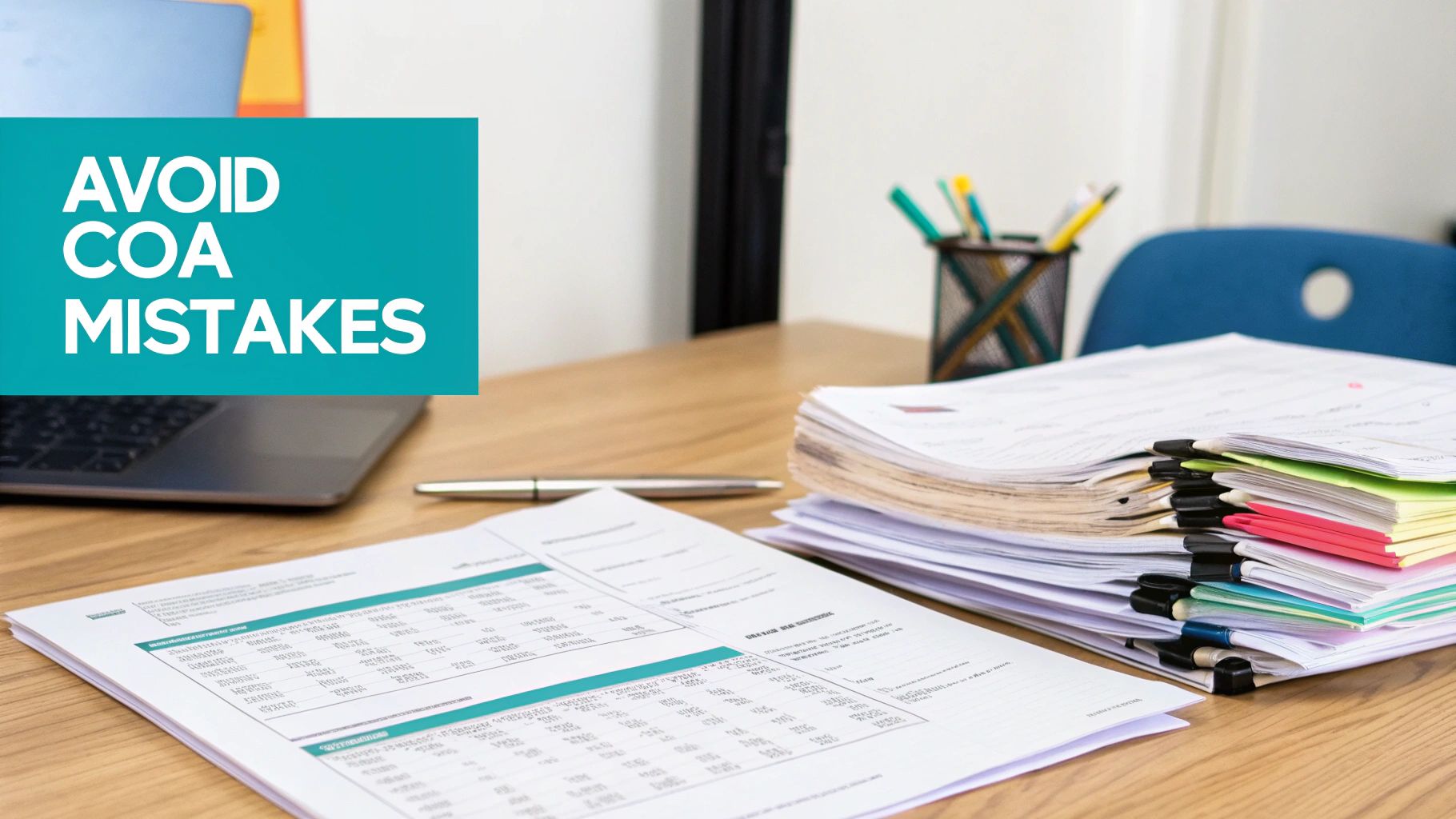 A desk with a laptop, financial documents, pens, and a sign saying 'AVOID COA MISTAKES'.