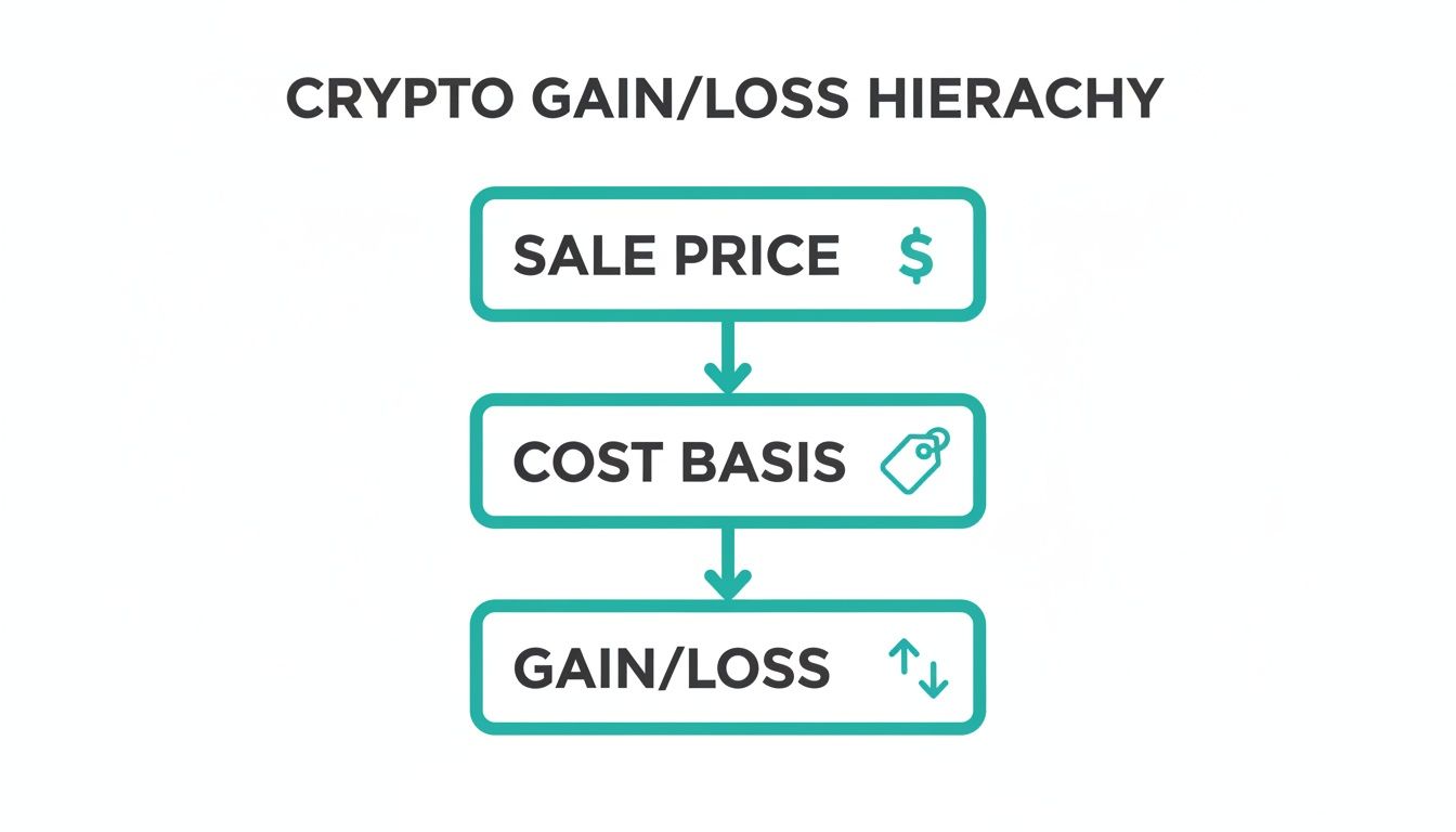 Flowchart showing crypto gain/loss calculation hierarchy for tax purposes.