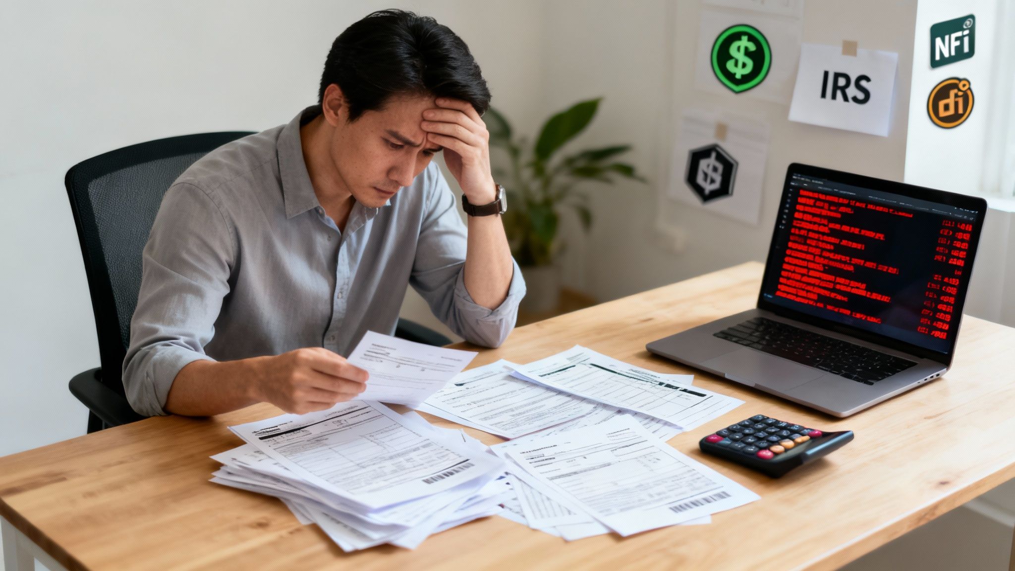 A man looks stressed reviewing tax documents with a laptop and calculator on a desk.