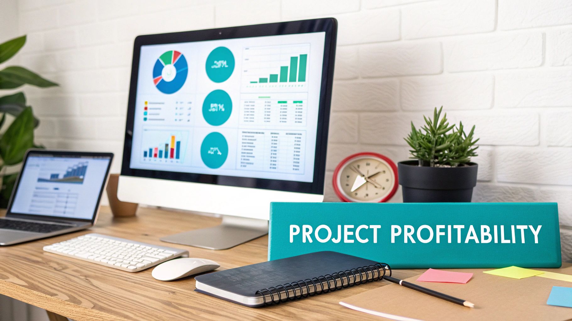 A modern office desk setup with a desktop computer displaying financial charts, a laptop, and a prominent 'PROJECT PROFITABILITY' sign.