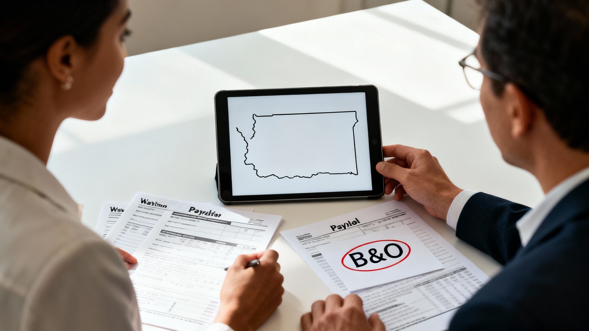 Two people reviewing business documents and a tablet displaying the outline of Washington state for tax purposes.