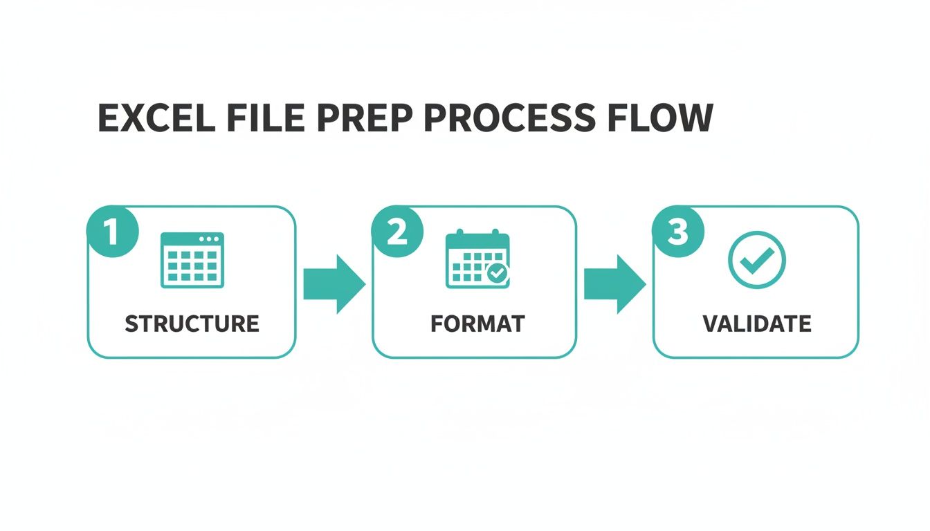 A three-step process flow for Excel file preparation: Structure, Format, and Validate.
