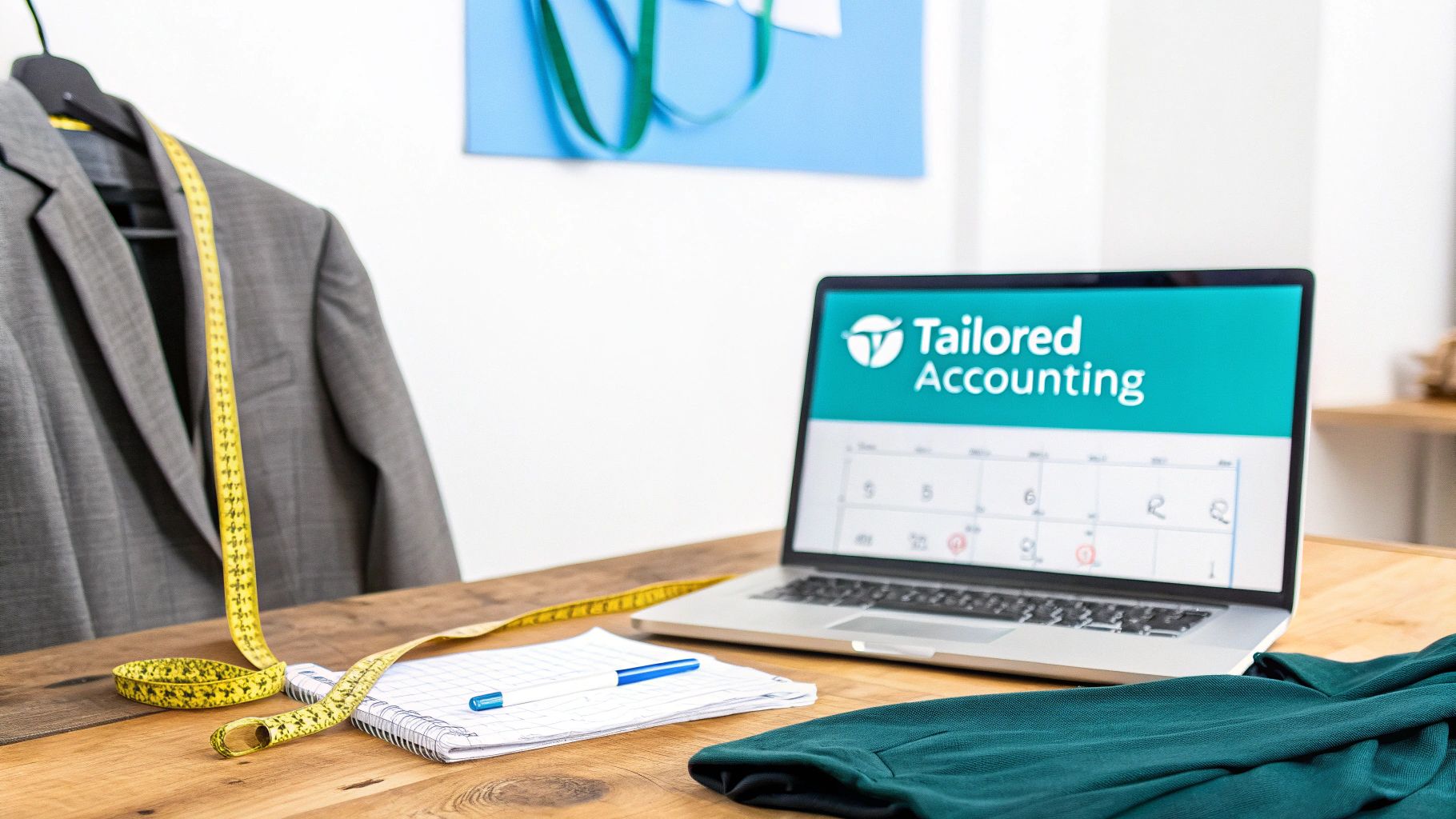 A suit, measuring tape, and a laptop displaying 'Tailored Accounting' on a desk, symbolizing custom services.