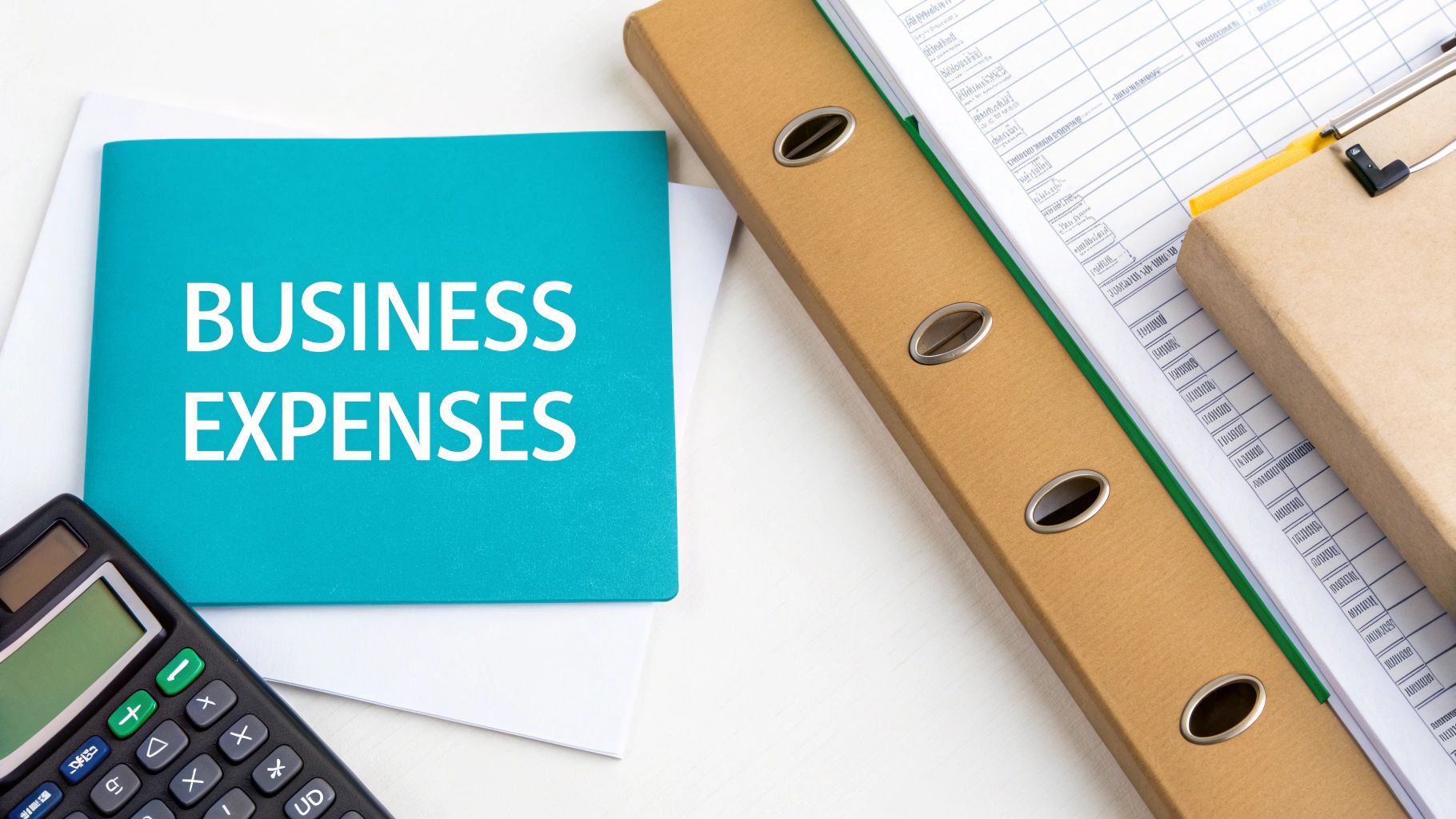 A turquoise notebook with 'BUSINESS EXPENSES' written on it, next to a calculator, binder, and financial documents on a white desk.