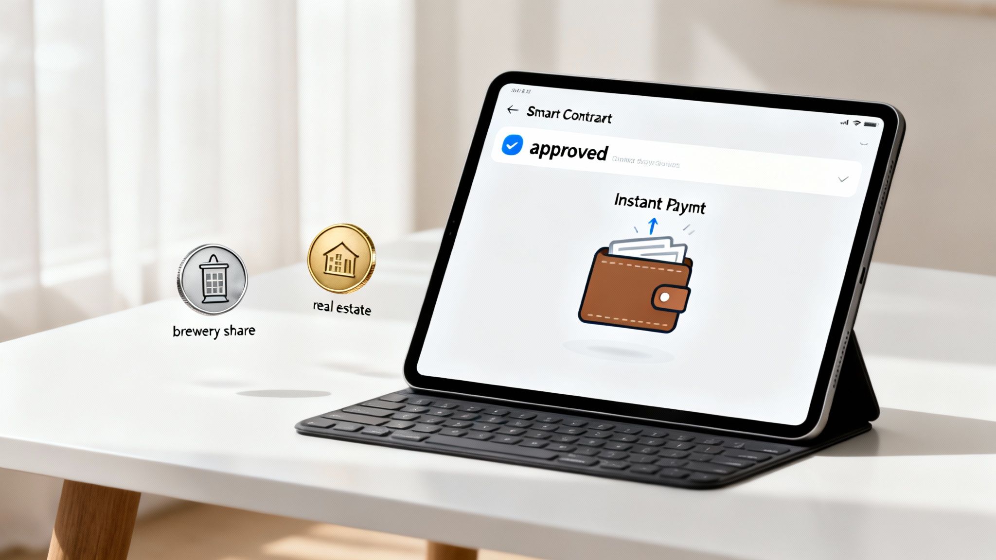 Tablet displays a smart contract approval for instant payment, alongside brewery share and real estate tokens.