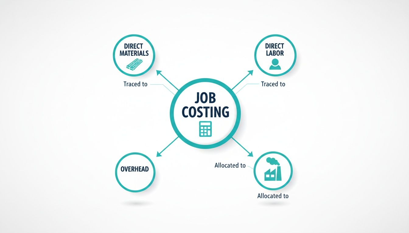 A diagram illustrating job costing components, including direct materials, direct labor, and overhead allocation.