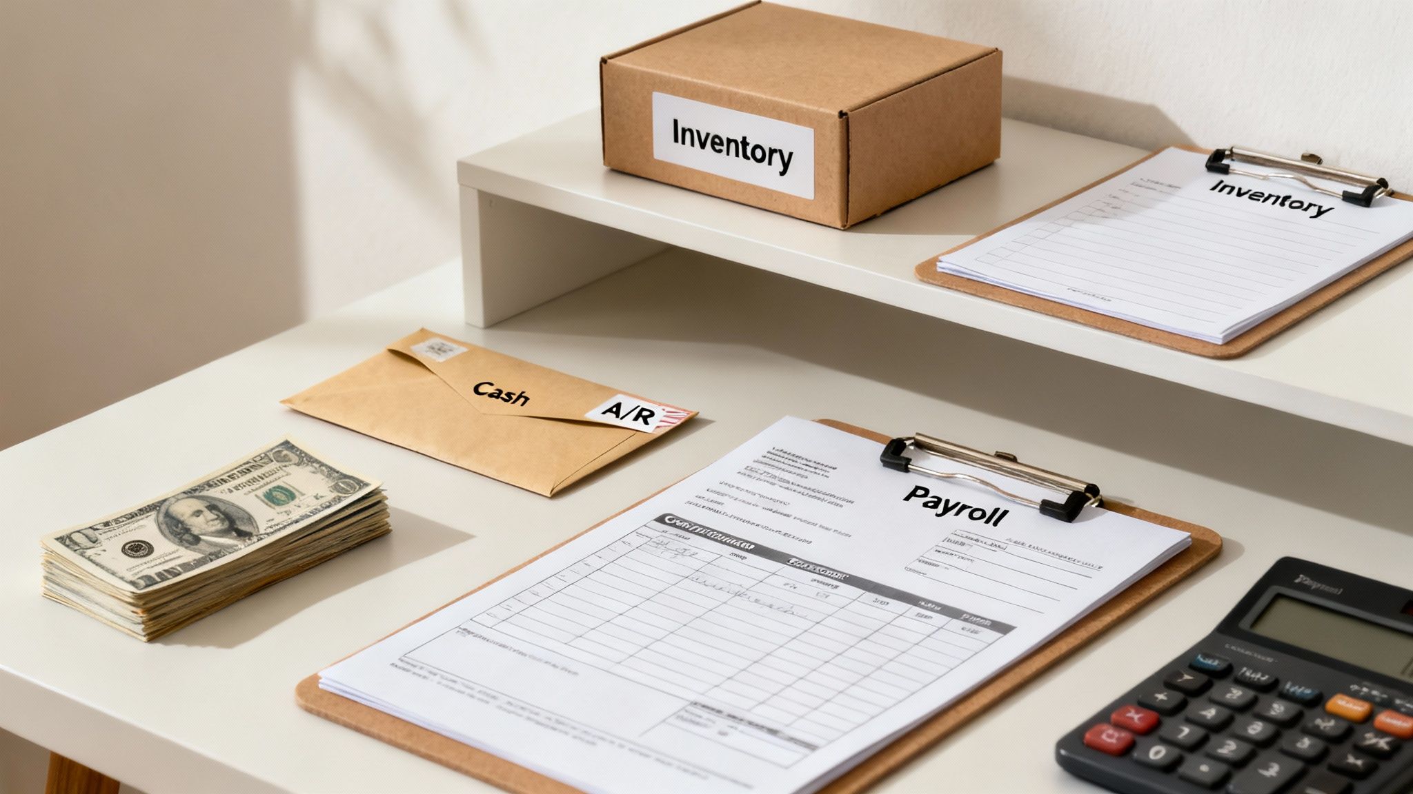A desk with accounting documents, cash, a calculator, and inventory items for business auditing.