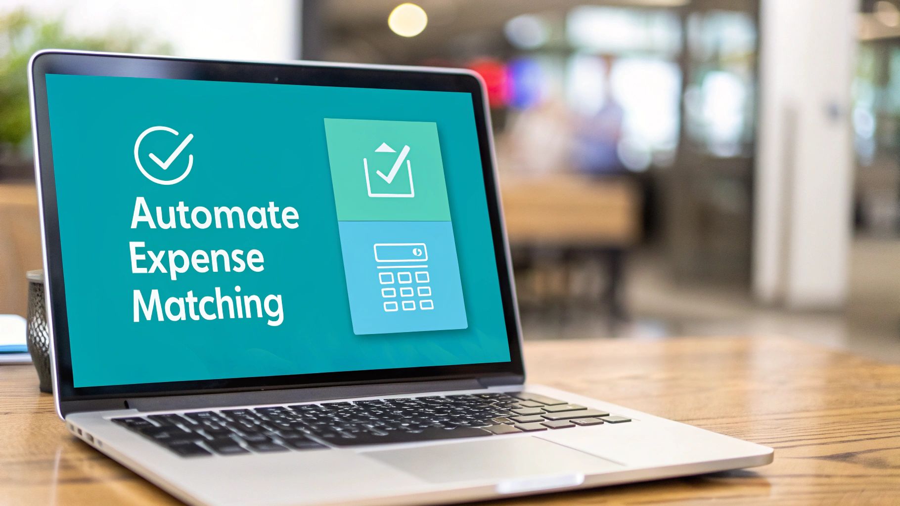 A laptop screen displays 'Automate Expense Matching' with relevant icons, on a wooden desk in an office.