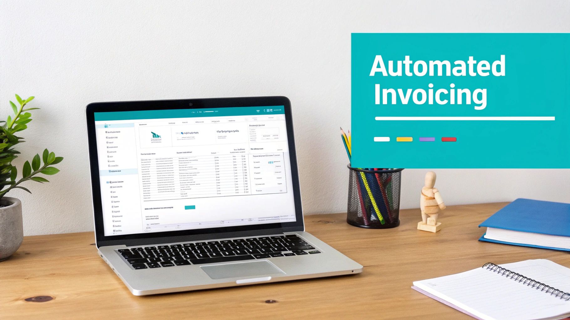 Laptop displaying an invoice management system next to a 'Automated Invoicing' banner on a wooden desk.